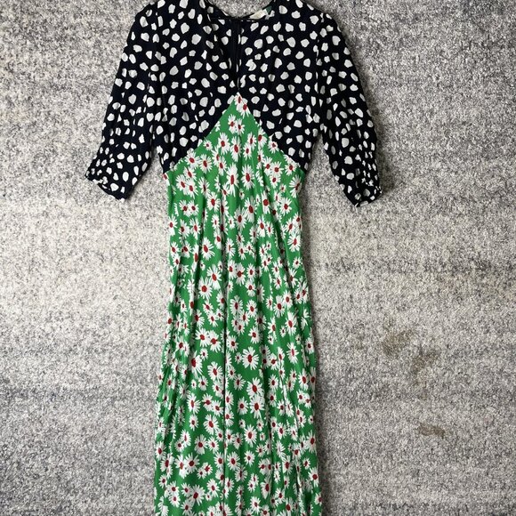 RIXO London Dress Womens Medium Green Black Silk Martina Midi Daisy Spot Print - Picture 1 of 11